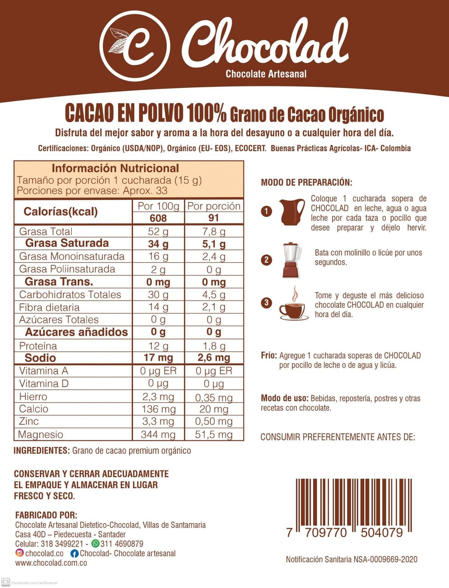 Cacao  en polvo 100 % sin azúcar